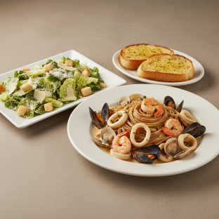 Specialty Pasta with Seafood Linguine, Caesar Salad Specialty Pasta with Seafood Linguine, Caesar Salad