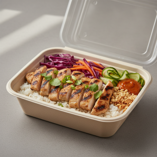 Bowl Boxed Lunch — Grilled Chicken with Rice and Spicy Sauce Bowl Boxed Lunch — Grilled Chicken with Rice and Spicy Sauce