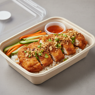 Bowl Boxed Lunch — Crispy Chicken with Rice and Spicy Sauce Bowl Boxed Lunch — Crispy Chicken with Rice and Spicy Sauce