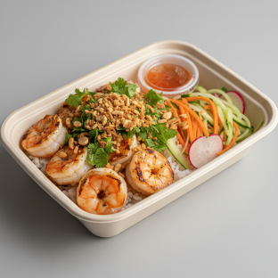 Bowl Boxed Lunch — Grilled Shrimp with Rice and Spicy Sauce Bowl Boxed Lunch — Grilled Shrimp with Rice and Spicy Sauce