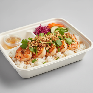 Bowl Boxed Lunch — Grilled Shrimp with Rice and Nouc Chom Sauce Bowl Boxed Lunch — Grilled Shrimp with Rice and Nouc Chom Sauce