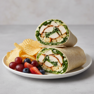 Chicken Caesar Wrap with Chips and Fruit