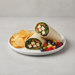 Tokyo Supergreens with Organic Sesame Tofu Wrap with Chips and Fruit