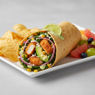 Crispy Chicken Poblano Wrap with Chips and Fruit Crispy Chicken Poblano Wrap with Chips and Fruit