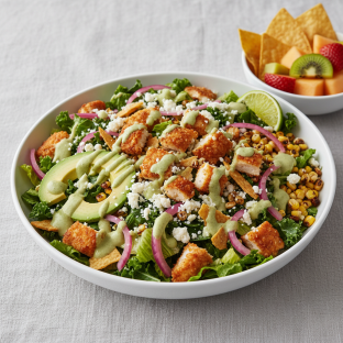 Crispy Chicken Poblano Salad with Chips and Fruit Crispy Chicken Poblano Salad with Chips and Fruit