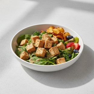 Tokyo Supergreens with Organic Sesame Tofu Salad with Chips and Fruit Tokyo Supergreens with Organic Sesame Tofu Salad with Chips and Fruit