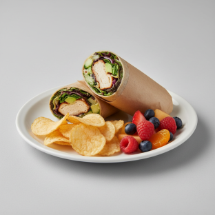Tokyo Supergreens with Oven Roasted Chicken Wrap with Chips and Fruit Tokyo Supergreens with Oven Roasted Chicken Wrap with Chips and Fruit