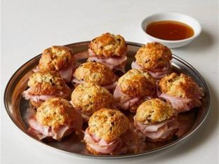 Mini Apricot and Currant Scones with Baked Ham and Honey Mustard