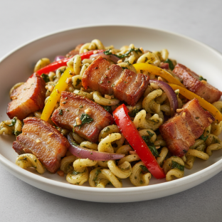 Kurobuta Pork Belly Pasta and Spicy Basil Sauce Kurobuta Pork Belly Pasta and Spicy Basil Sauce