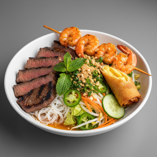 Grilled Ribeye, Shrimp Skewer, and Eggroll Vermicelli Grilled Ribeye, Shrimp Skewer, and Eggroll Vermicelli