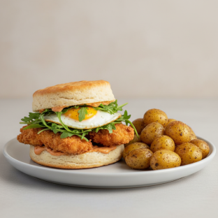 Fried Chicken and Egg Biscuit Sandwich and Potatoes