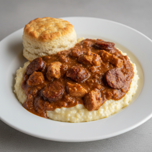 Chicken Andouille Sausage Gravy with Creamy Grits and Biscuit