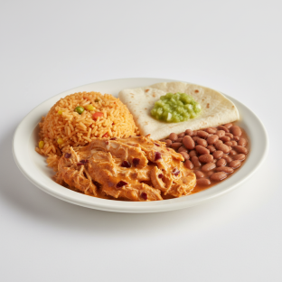 Plate Lunch — Chicken in Chipotle Cream Salsa With Green Salsa in Flour Tortilla Plate Lunch — Chicken in Chipotle Cream Salsa With Green Salsa in Flour Tortilla