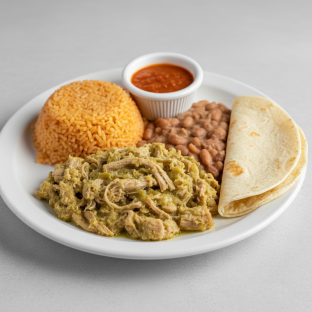 Plate Lunch — Pork in Green Salsa With House Habanero in Flour Tortilla Plate Lunch — Pork in Green Salsa With House Habanero in Flour Tortilla