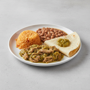 Plate Lunch — Pork in Green Salsa With Green Salsa in Flour Tortilla Plate Lunch — Pork in Green Salsa With Green Salsa in Flour Tortilla