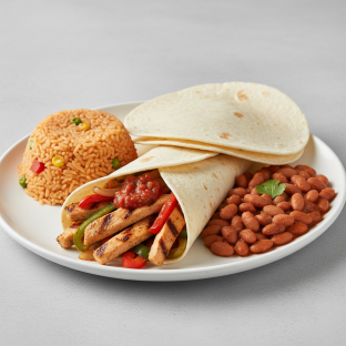 Plate Lunch — Fajitas Chicken With House Habanero in Flour Tortilla Plate Lunch — Fajitas Chicken With House Habanero in Flour Tortilla
