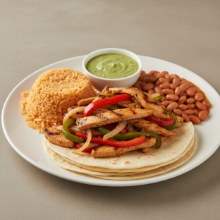 Plate Lunch — Fajitas Chicken With Green Salsa in Flour Tortilla Plate Lunch — Fajitas Chicken With Green Salsa in Flour Tortilla