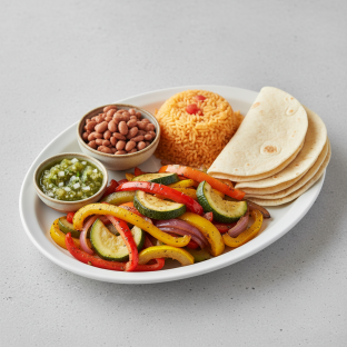 Plate Lunch — Fajitas Veggies With Green Salsa in Flour Tortilla Plate Lunch — Fajitas Veggies With Green Salsa in Flour Tortilla