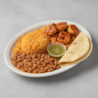 Plate Lunch — Camarones a La Diabla With Green Salsa in Flour Tortilla Plate Lunch — Camarones a La Diabla With Green Salsa in Flour Tortilla