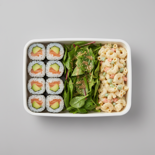 Salmon Avo Roll Bento With Mixed Greens and Mac Salad