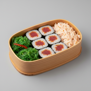 Spicy Tuna Roll Bento With Seaweed Salad and Crab Salad