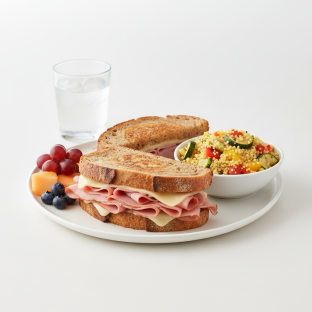 Ham and Cheese Sandwich, Couscous, Fruit, Water Ham and Cheese Sandwich, Couscous, Fruit, Water