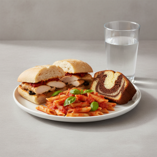 Chicken Provencal Sandwich, Tomato Basil Penne, Poundcake, Water Chicken Provencal Sandwich, Tomato Basil Penne, Poundcake, Water