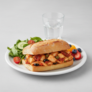 Chicken Provencal Sandwich, House House Salad, Fruit, Water Chicken Provencal Sandwich, House House Salad, Fruit, Water