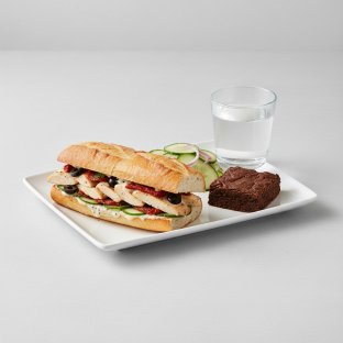 Chicken Provencal Sandwich, Cucumber Salad, Brownie, Water Chicken Provencal Sandwich, Cucumber Salad, Brownie, Water