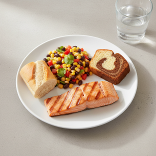 Grilled Salmon, Corn and Black Bean Salad, Poundcake, Water Grilled Salmon, Corn and Black Bean Salad, Poundcake, Water