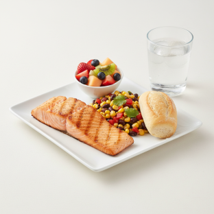 Grilled Salmon, Corn and Black Bean Salad, Fruit, Water Grilled Salmon, Corn and Black Bean Salad, Fruit, Water