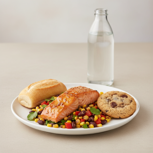 Asian Salmon, Corn and Black Bean Salad, Cookie, Water Asian Salmon, Corn and Black Bean Salad, Cookie, Water