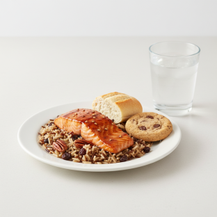 Asian Salmon, Wild Rice with Pecans, Cookie, Water Asian Salmon, Wild Rice with Pecans, Cookie, Water