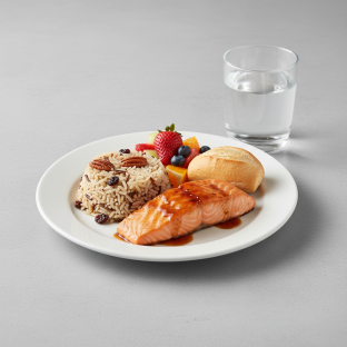 Asian Salmon, Wild Rice with Pecans, Fruit, Water Asian Salmon, Wild Rice with Pecans, Fruit, Water