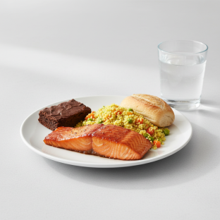 Asian Salmon, Curried Vegetable Couscous, Brownie, Water Asian Salmon, Curried Vegetable Couscous, Brownie, Water