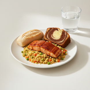 Asian Salmon, Curried Vegetable Couscous, Poundcake, Water Asian Salmon, Curried Vegetable Couscous, Poundcake, Water