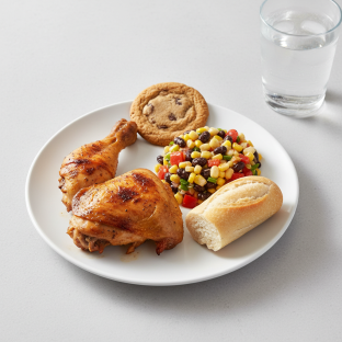 Spit-roasted Chicken, Corn and Bean Salad, Cookie, Water Spit-roasted Chicken, Corn and Bean Salad, Cookie, Water