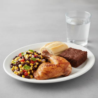 Spit-roasted Chicken, Corn and Bean Salad, Brownie, Water Spit-roasted Chicken, Corn and Bean Salad, Brownie, Water