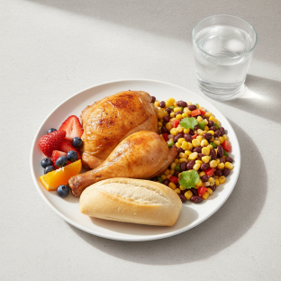 Spit-roasted Chicken, Corn and Bean Salad, Fruit, Water Spit-roasted Chicken, Corn and Bean Salad, Fruit, Water