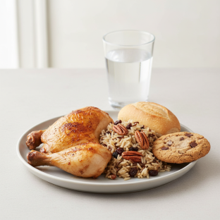 Spit-roasted Chicken, Wild Rice with Pecans, Cookie, Water Spit-roasted Chicken, Wild Rice with Pecans, Cookie, Water