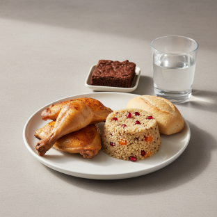 Spit-roasted Chicken, Quinoa, Brownie, Water Spit-roasted Chicken, Quinoa, Brownie, Water