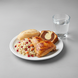 Spit-roasted Chicken, Quinoa, Poundcake, Water Spit-roasted Chicken, Quinoa, Poundcake, Water