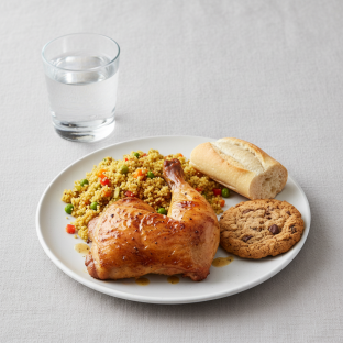Spit-roasted Chicken, Curried Vegetable Couscous, Cookie, Water Spit-roasted Chicken, Curried Vegetable Couscous, Cookie, Water