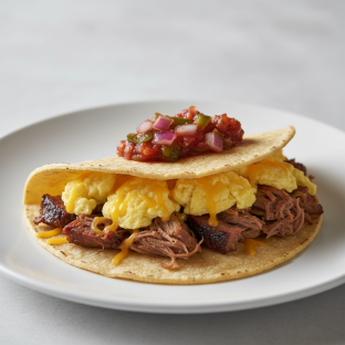 Brisket, Egg, and Cheese with Red Spicy Salsa Brisket, Egg, and Cheese with Red Spicy Salsa