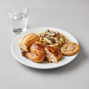 Spit-roasted Chicken, Penne with Mushroom, Cookie, Water Spit-roasted Chicken, Penne with Mushroom, Cookie, Water