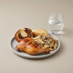 Spit-roasted Chicken, Penne with Mushroom, Poundcake, Water Spit-roasted Chicken, Penne with Mushroom, Poundcake, Water
