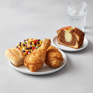 Fried Chicken, Corn and Bean Salad, Poundcake, Water Fried Chicken, Corn and Bean Salad, Poundcake, Water
