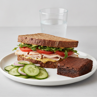 Turkey Sandwich with Cucumber Salad, Eli's Brownie, Water Turkey Sandwich with Cucumber Salad, Eli's Brownie, Water