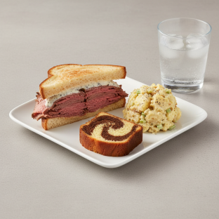 Roast Beef Sandwich, Potato Salad, Poundcake, Water Roast Beef Sandwich, Potato Salad, Poundcake, Water