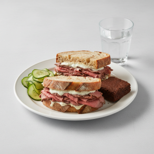 Roast Beef Sandwich, Cucumber Salad, Eli's Brownie, Water Roast Beef Sandwich, Cucumber Salad, Eli's Brownie, Water
